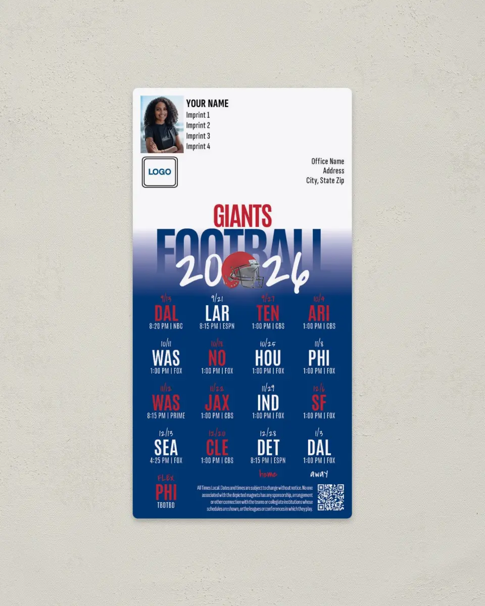 This is a 7" x 3½" Football Schedule Magnet called New York Giants printed in full color