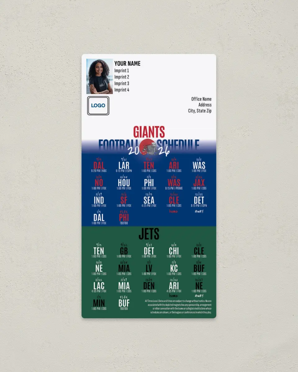 This is a 7" x 3½" Football Schedule Magnet called Giants + Jets printed in full color