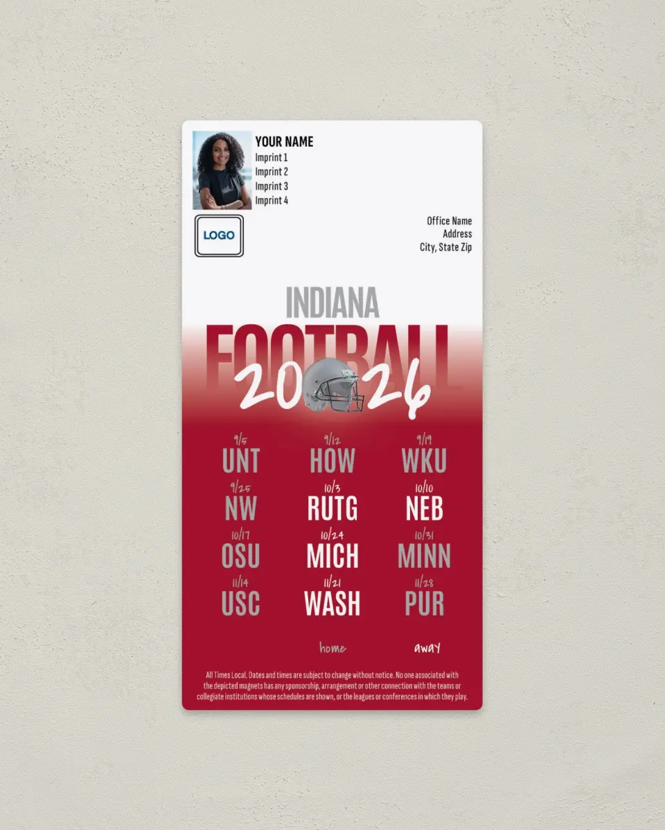 This is a 7" x 3½" Football Schedule Magnet called Indiana Hoosiers printed in full color