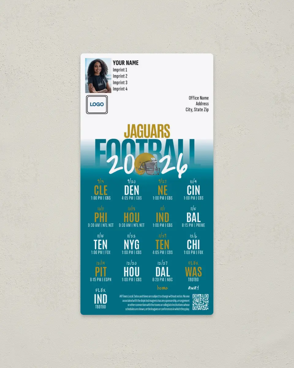 This is a 7" x 3½" Football Schedule Magnet called Jacksonville Jaguars printed in full color