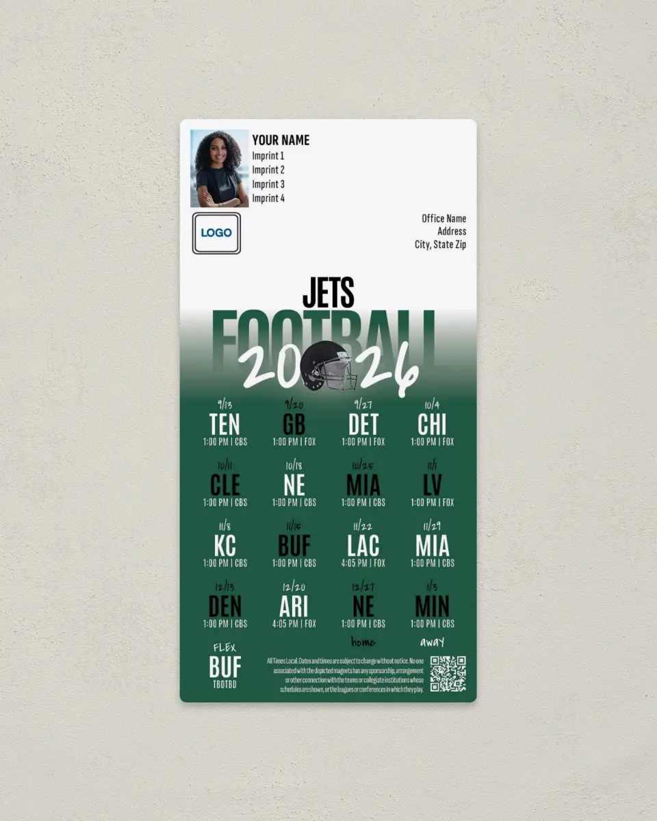 This is a 7" x 3½" Football Schedule Magnet called New York Jets printed in full color