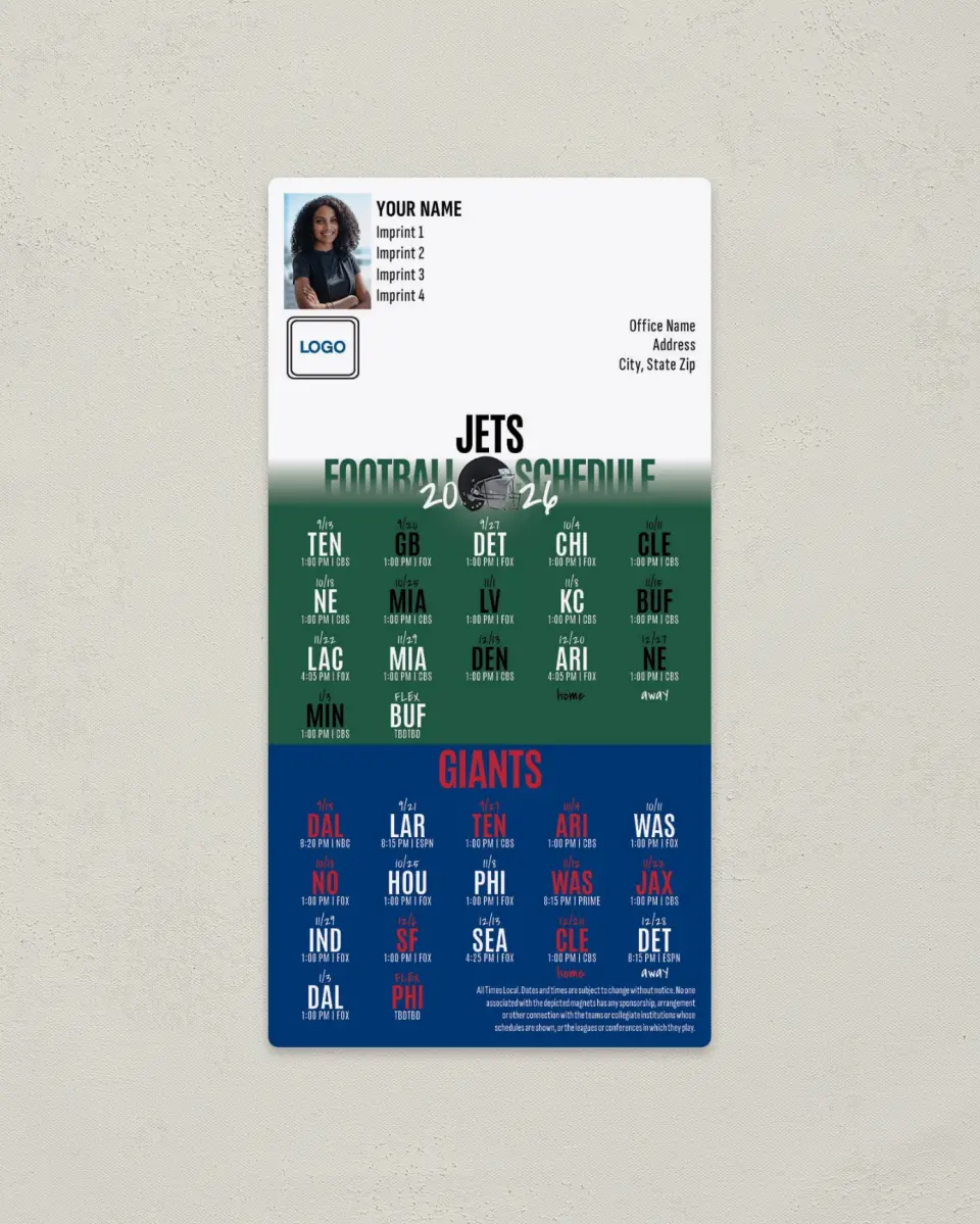 This is a 7" x 3½" Football Schedule Magnet called Jets + Giants printed in full color
