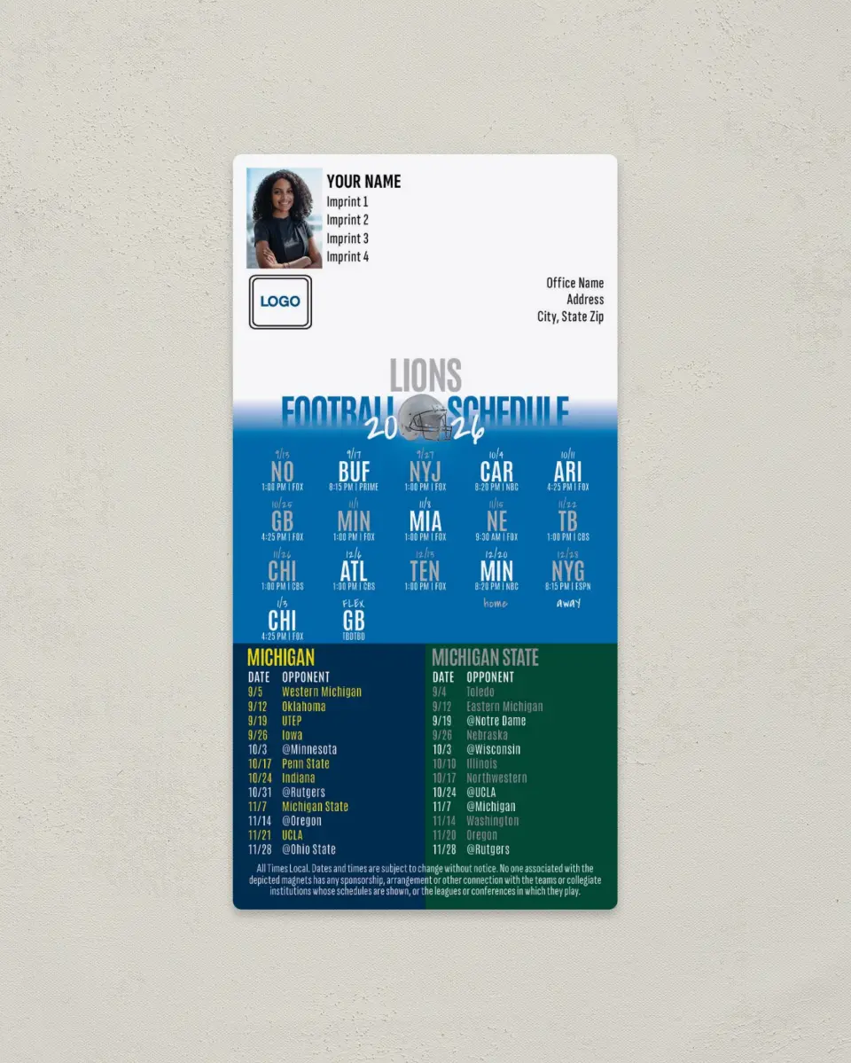 This is a 7" x 3½" Football Schedule Magnet called Lions + University of Michigan + Michigan State University printed in full color