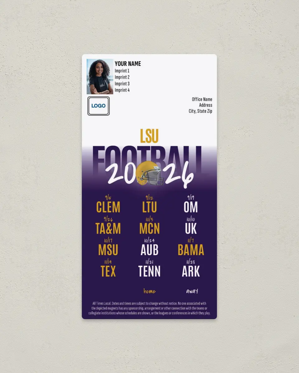 This is a 7" x 3½" Football Schedule Magnet called LSU Tigers printed in full color
