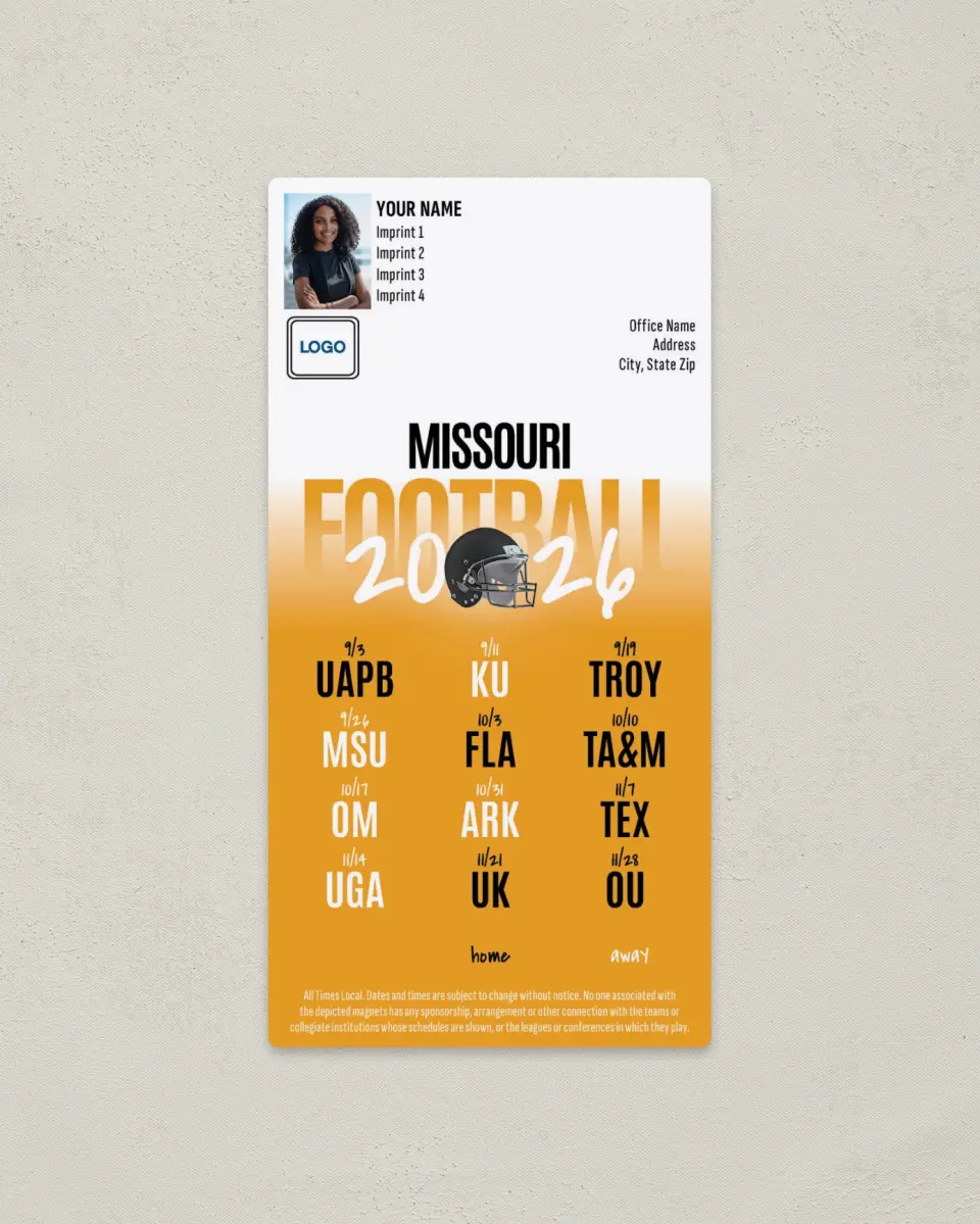 This is a 7" x 3½" Football Schedule Magnet called Missouri Tigers printed in full color