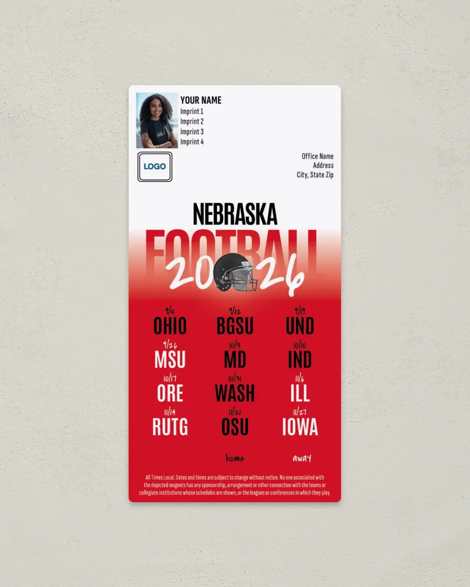 This is a 7" x 3½" Football Schedule Magnet called Nebraska Cornhuskers printed in full color