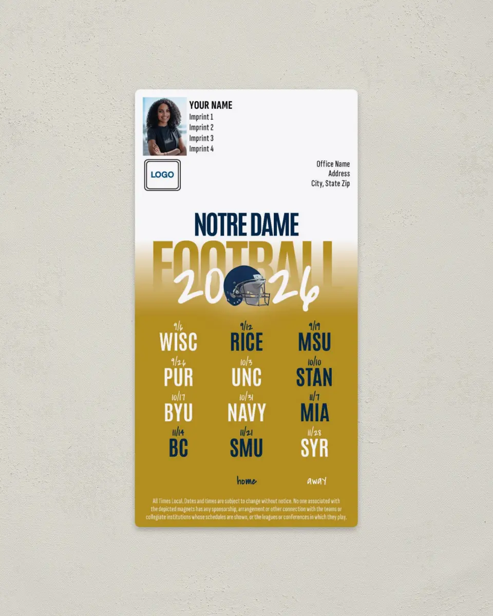 This is a 7" x 3½" Football Schedule Magnet called Notre Dame printed in full color