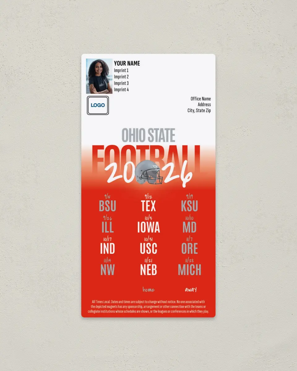 This is a 7" x 3½" Football Schedule Magnet called Ohio State printed in full color