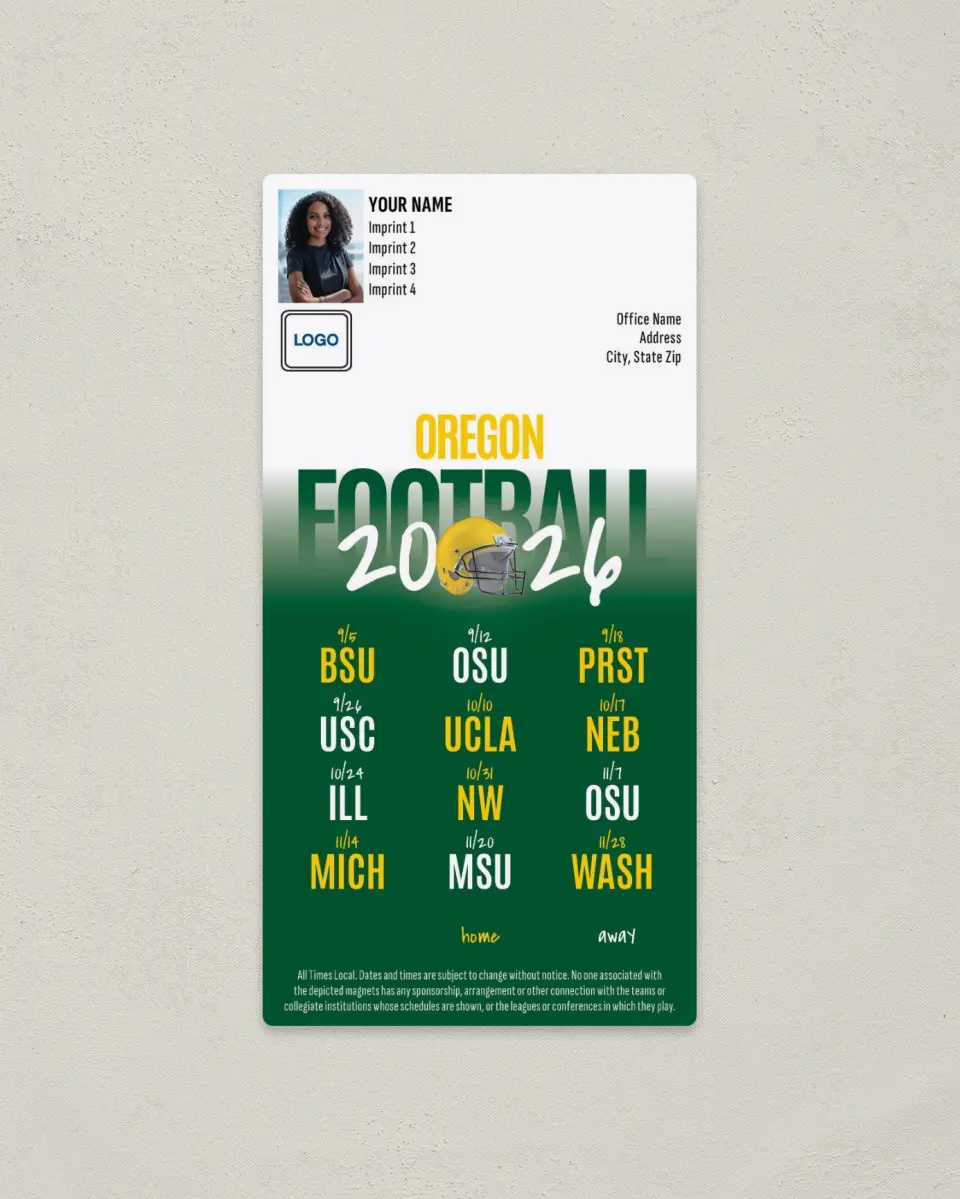 This is a 7" x 3½" Football Schedule Magnet called Oregon Ducks printed in full color