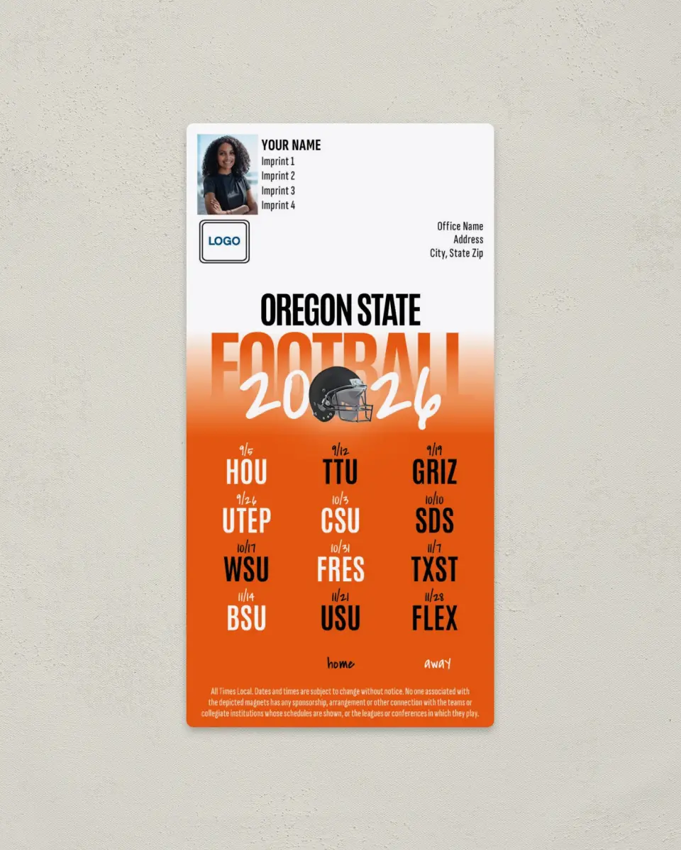 This is a 7" x 3½" Football Schedule Magnet called Oregon State printed in full color