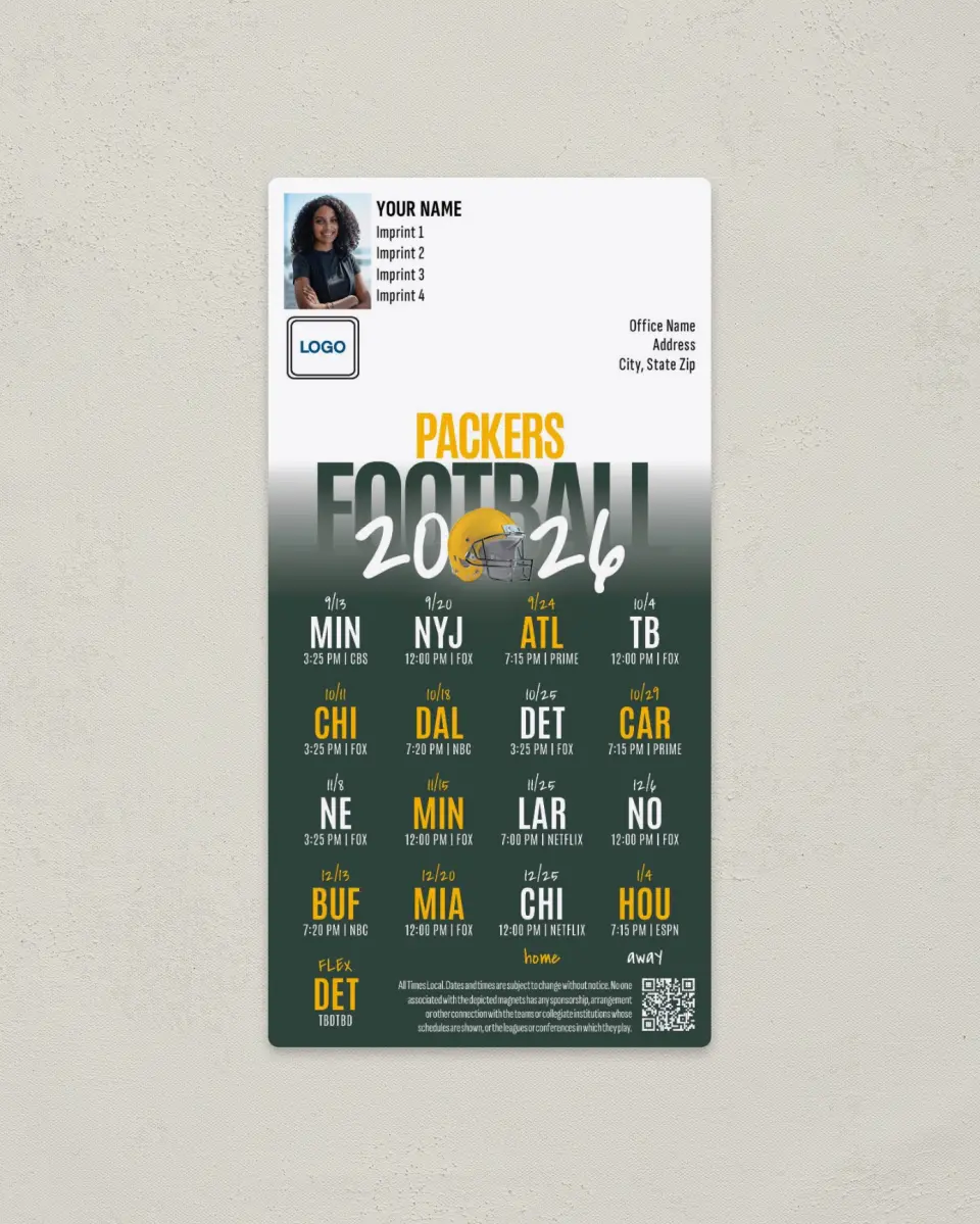 This is a 7" x 3½" Football Schedule Magnet called Green Bay Packers printed in full color