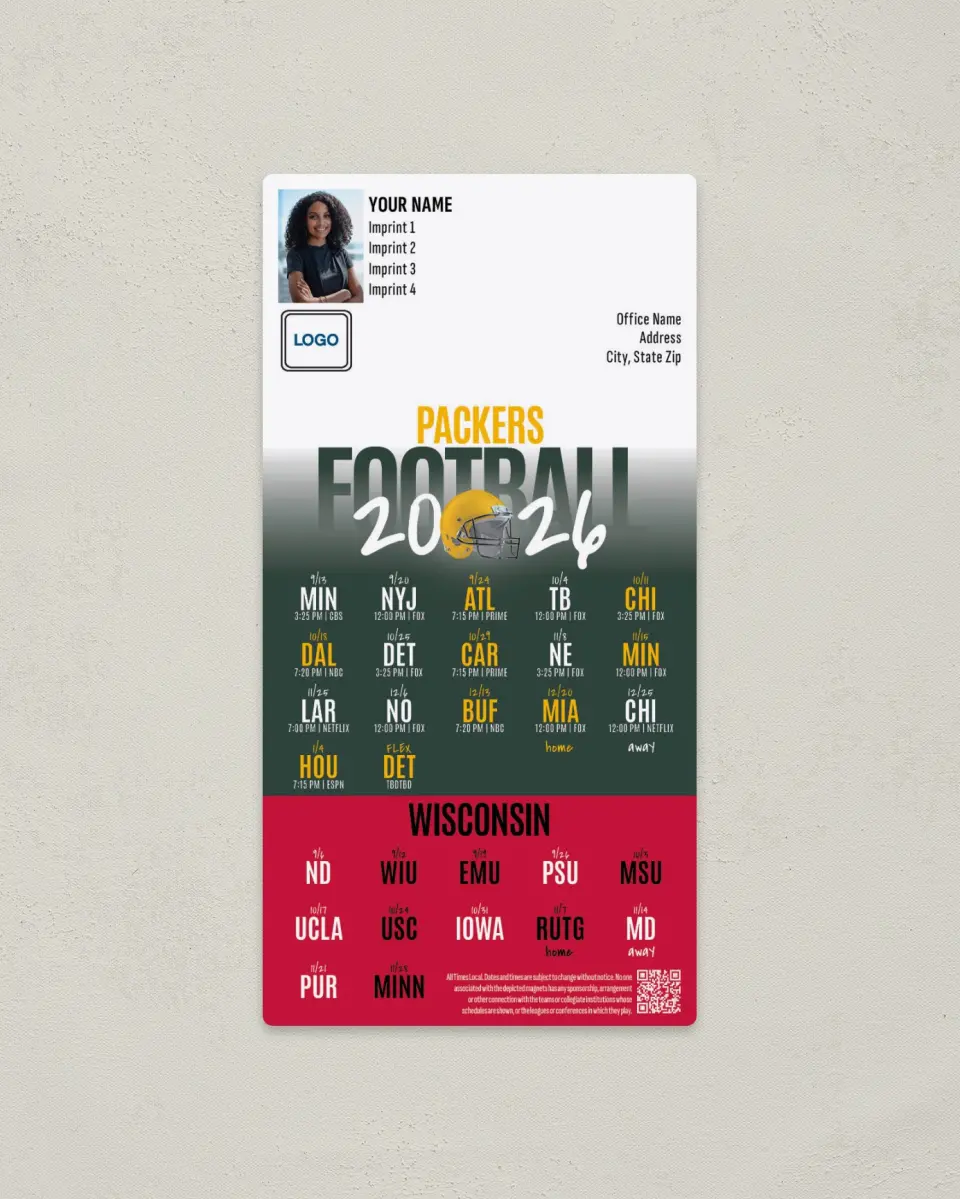 This is a 7" x 3½" Football Schedule Magnet called Packers + Wisconsin printed in full color
