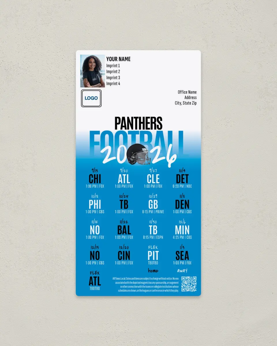 This is a 7" x 3½" Football Schedule Magnet called Carolina Panthers printed in full color