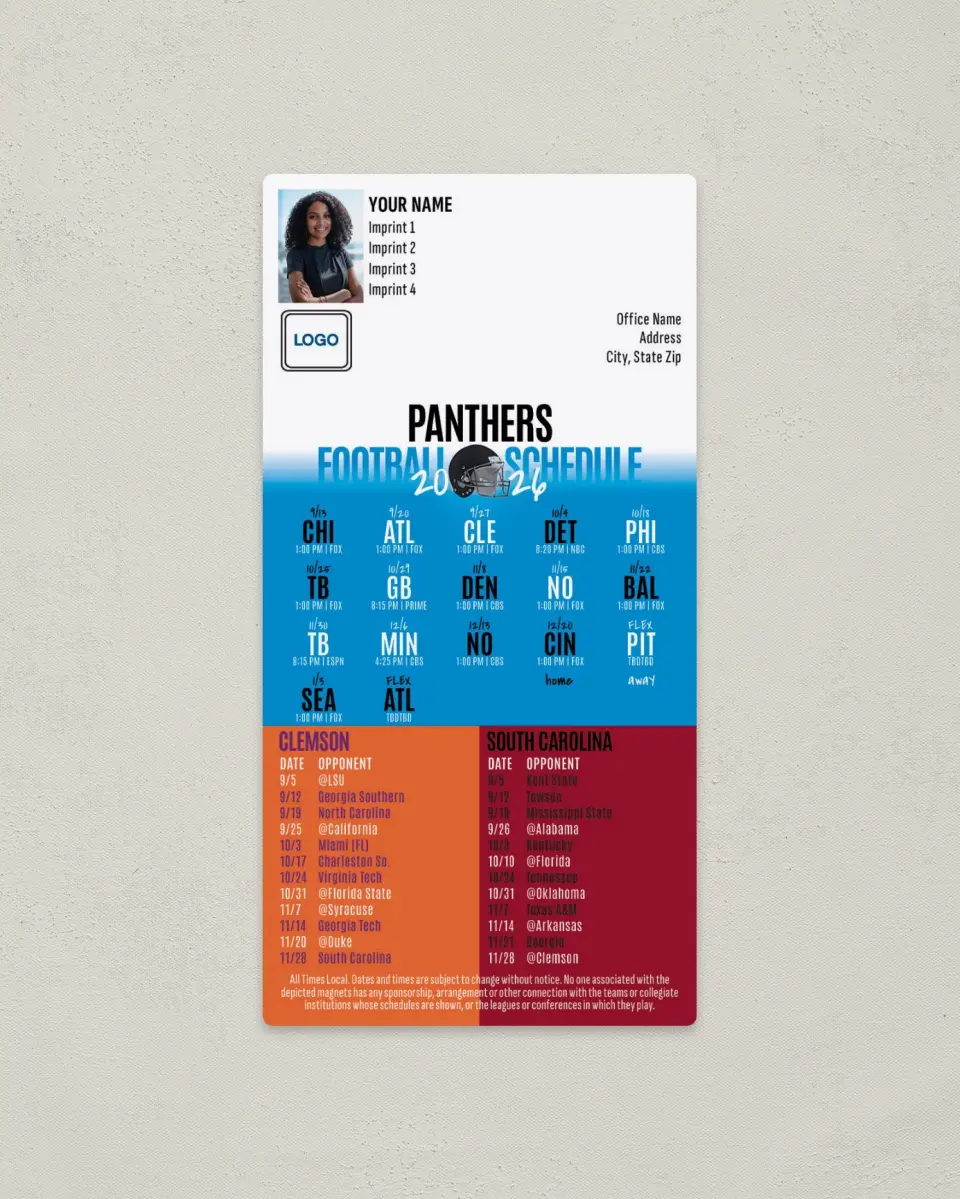 This is a 7" x 3½" Football Schedule Magnet called Panthers + Clemson + South Carolina printed in full color