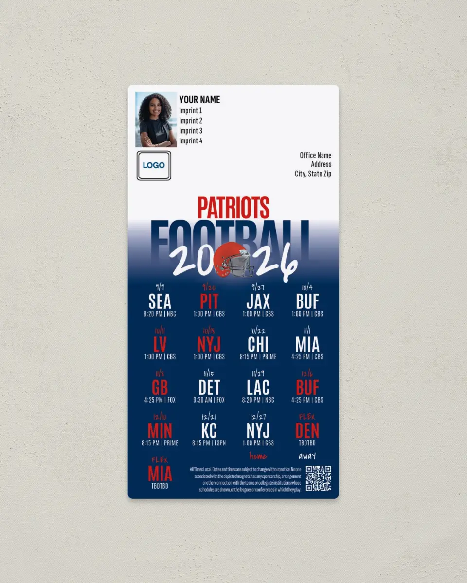 This is a 7" x 3½" Football Schedule Magnet called New England Patriots printed in full color