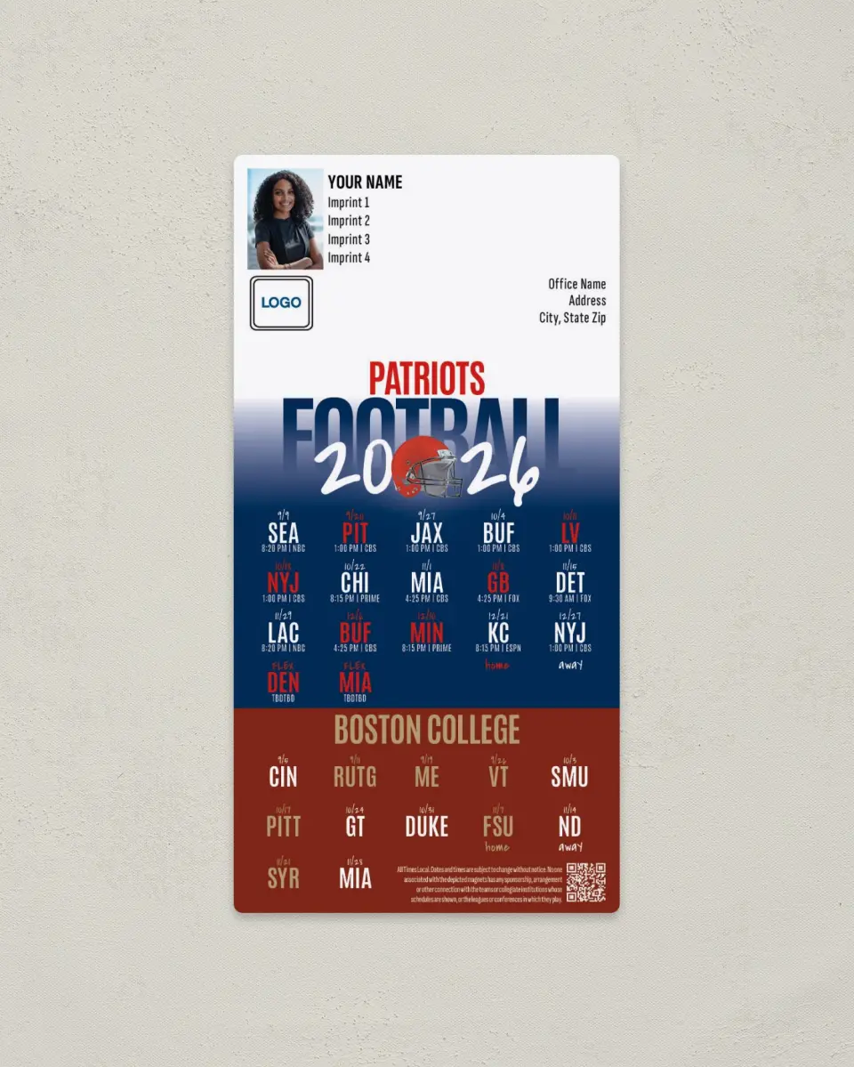This is a 7" x 3½" Football Schedule Magnet called Patriots + Boston College printed in full color