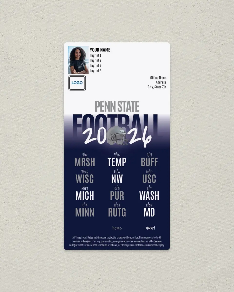 This is a 7" x 3½" Football Schedule Magnet called Penn State printed in full color