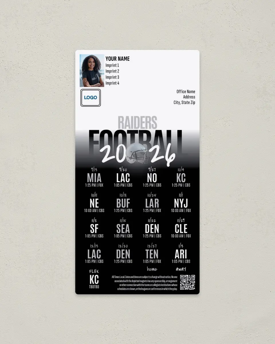 This is a 7" x 3½" Football Schedule Magnet called Las Vegas Raiders printed in full color