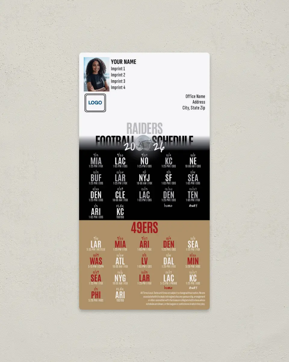 This is a 7" x 3½" Football Schedule Magnet called Raiders + 49ers printed in full color