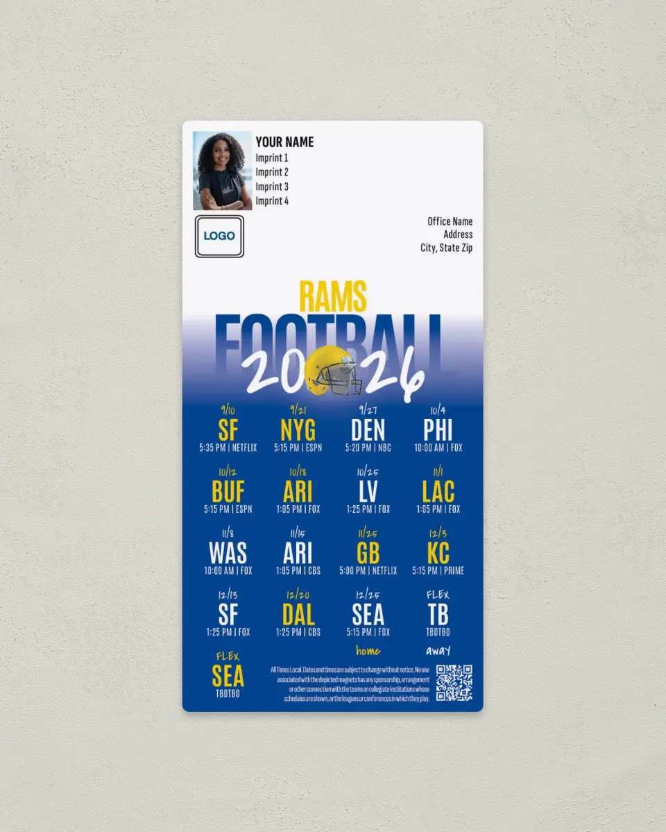 This is a 7" x 3½" Football Schedule Magnet called Los Angeles Rams printed in full color