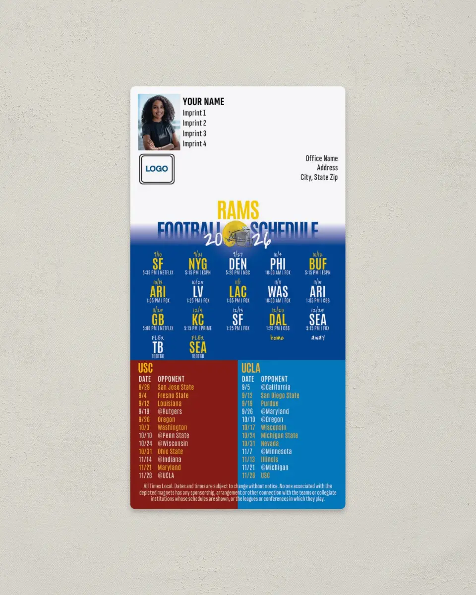This is a 7" x 3½" Football Schedule Magnet called Rams + USC + UCLA printed in full color