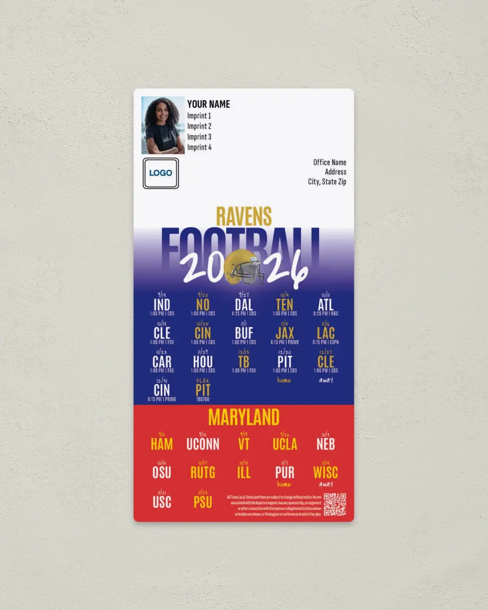 This is a 7" x 3½" Football Schedule Magnet called Ravens + Maryland printed in full color