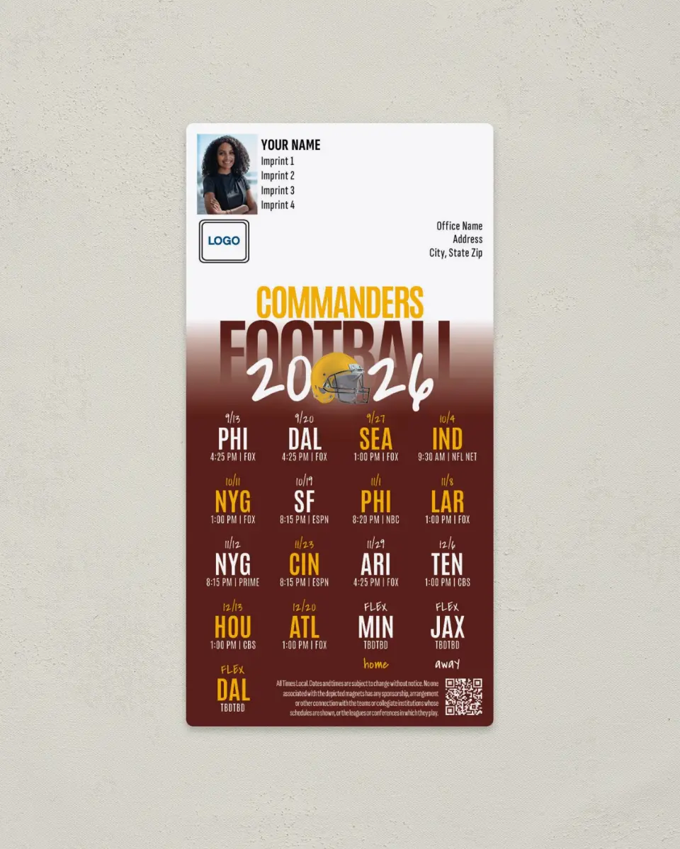 This is a 7" x 3½" Football Schedule Magnet called Washington Commanders printed in full color