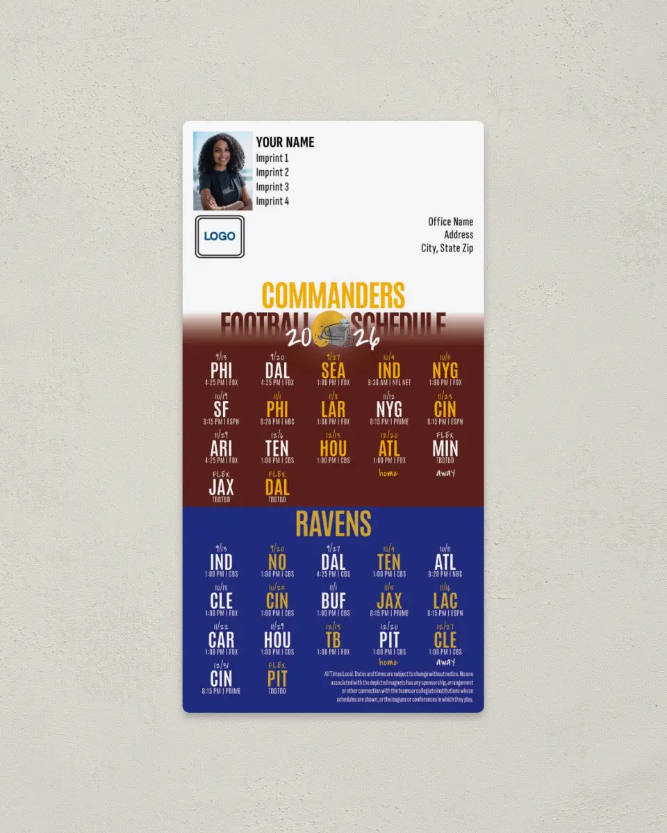 This is a 7" x 3½" Football Schedule Magnet called Washington + Ravens printed in full color