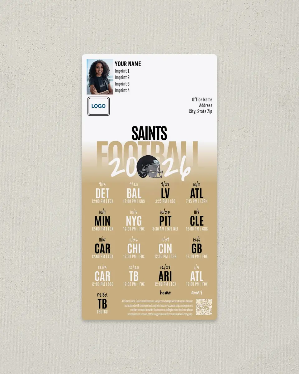 This is a 7" x 3½" Football Schedule Magnet called New Orleans Saints printed in full color