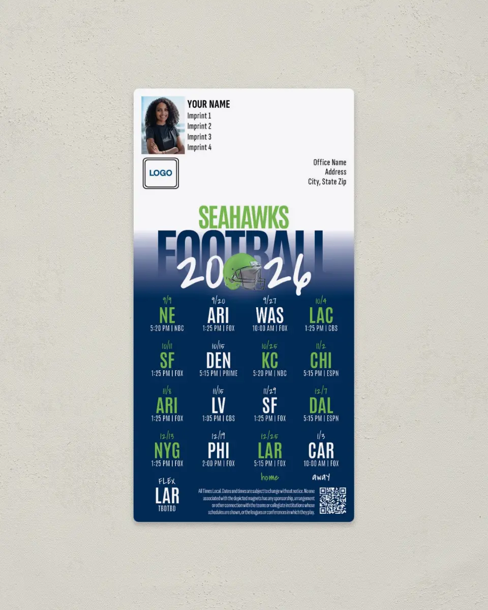 This is a 7" x 3½" Football Schedule Magnet called Seattle Seahawks printed in full color