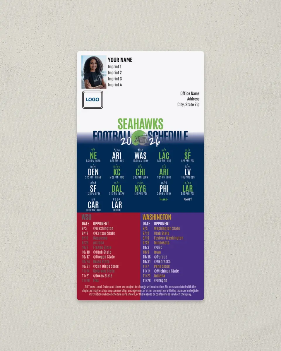 This is a 7" x 3½" Football Schedule Magnet called Seahawks + Washington State + University of Washington printed in full color