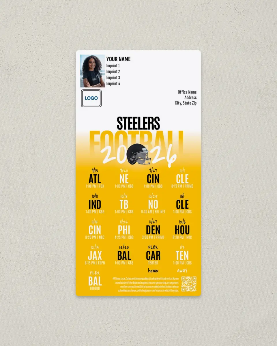 This is a 7" x 3½" Football Schedule Magnet called Pittsburgh Steelers printed in full color