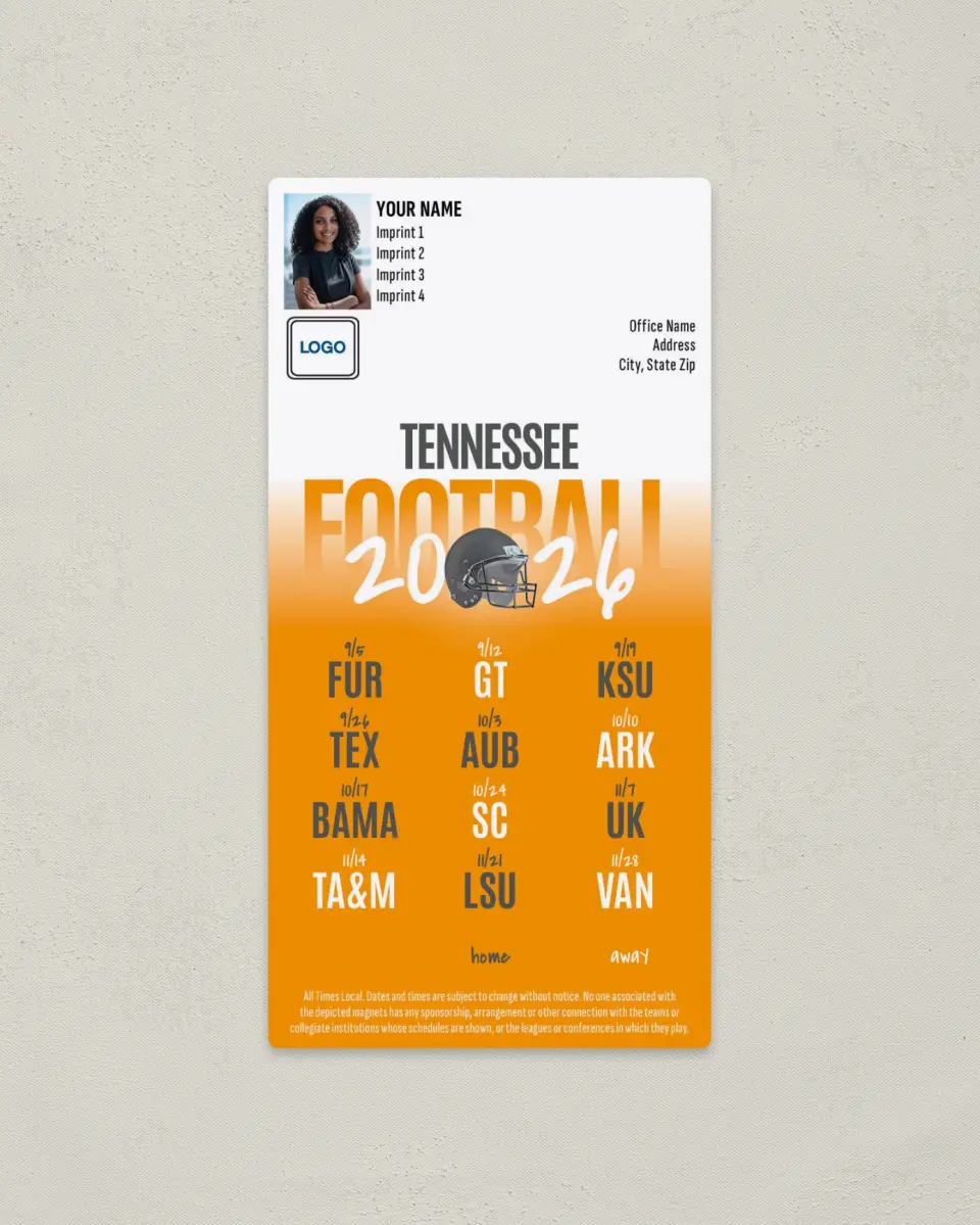 This is a 7" x 3½" Football Schedule Magnet called Tennessee Volunteers printed in full color