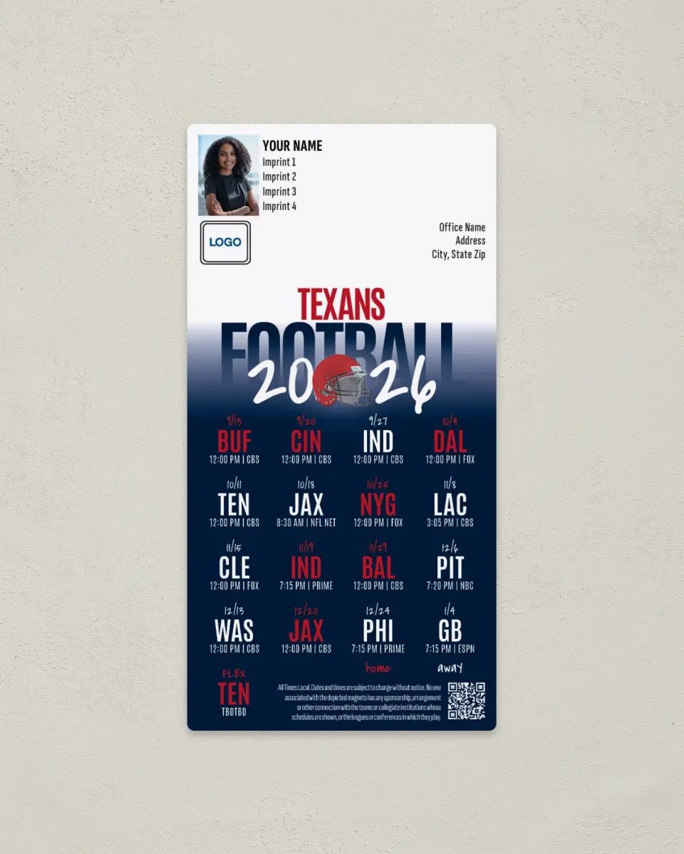 This is a 7" x 3½" Football Schedule Magnet called Houston Texans printed in full color