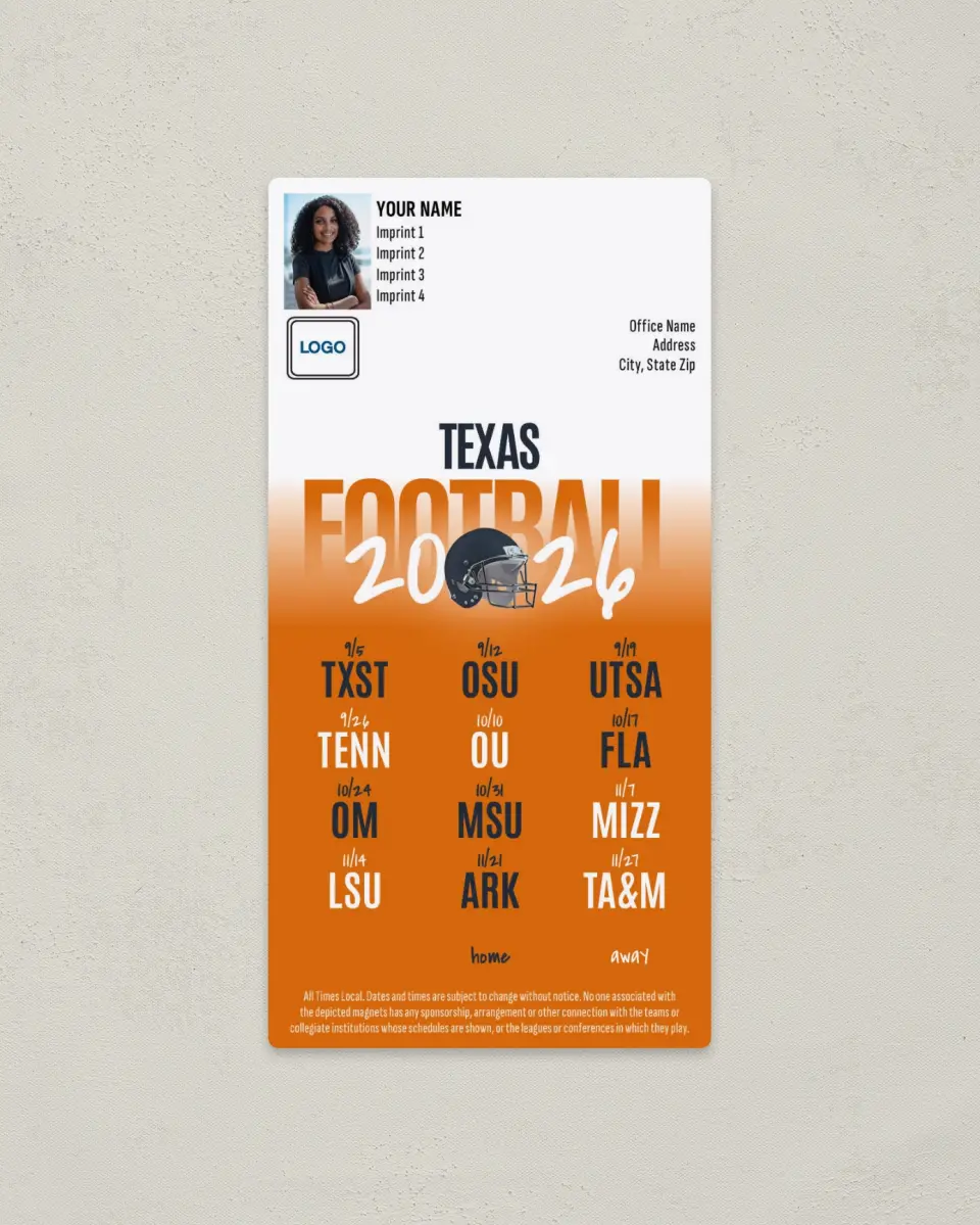 This is a 7" x 3½" Football Schedule Magnet called Texas Longhorns printed in full color