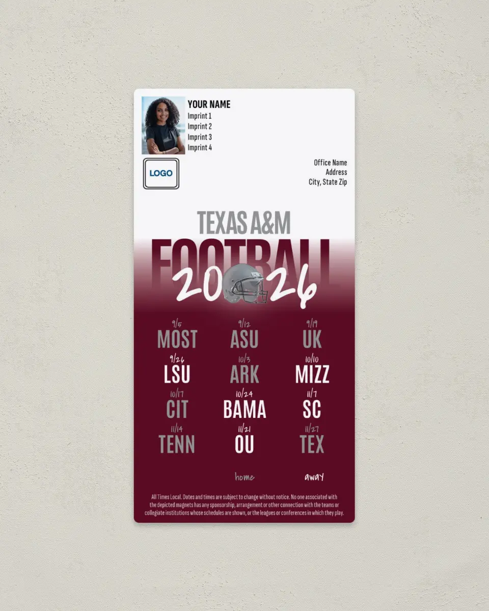 This is a 7" x 3½" Football Schedule Magnet called Texas A&M printed in full color