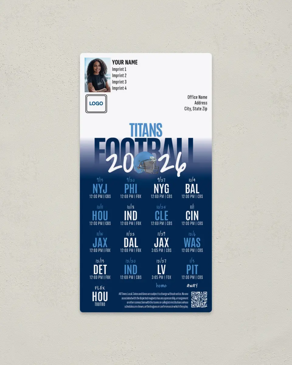 This is a 7" x 3½" Football Schedule Magnet called Tennessee Titans printed in full color