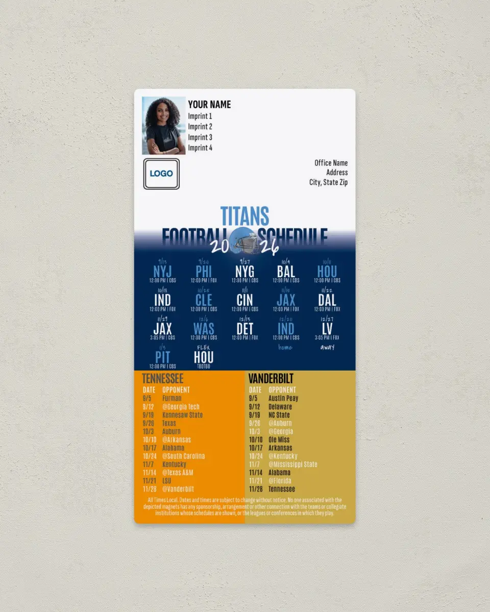 This is a 7" x 3½" Football Schedule Magnet called Titans + University of Tennessee + Vanderbilt University printed in full color