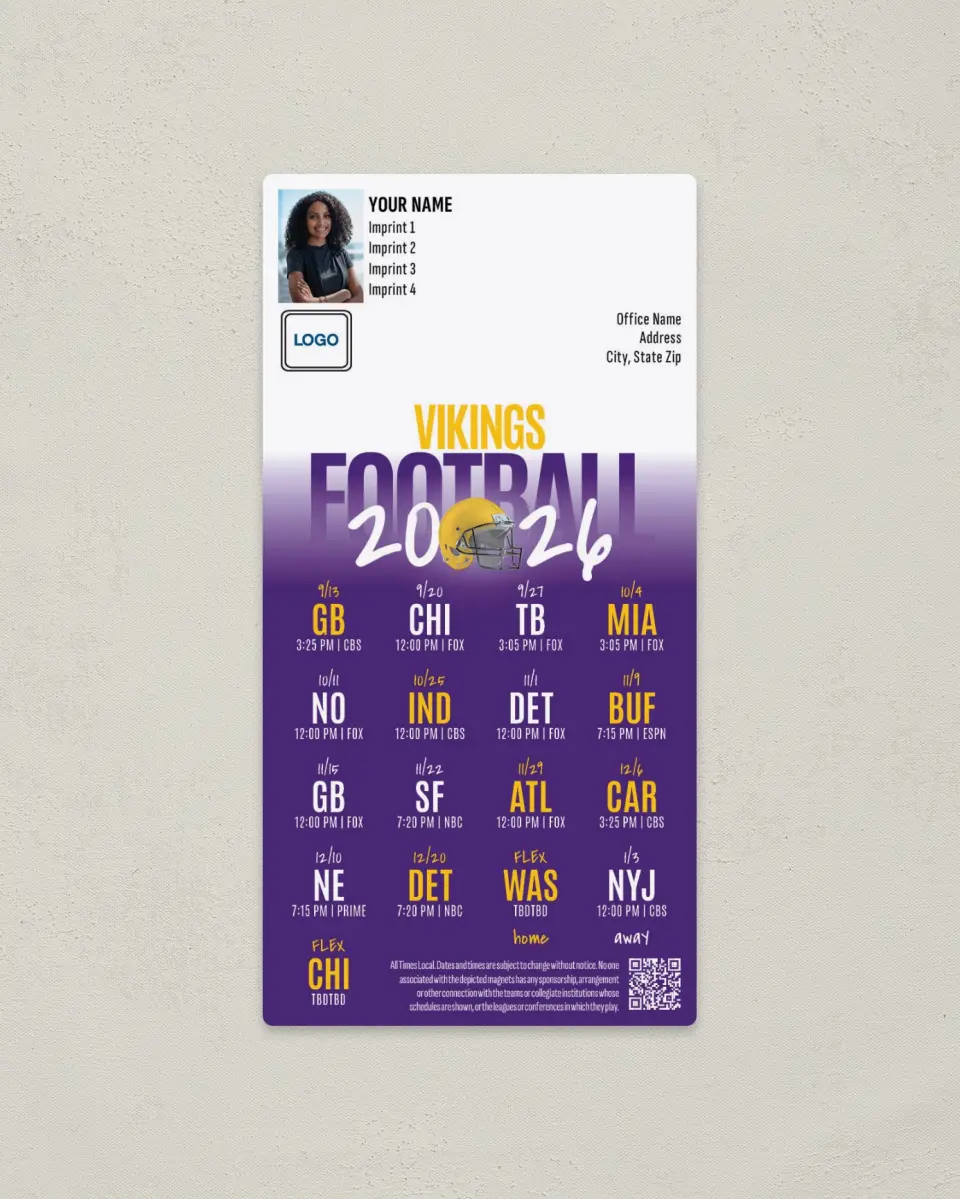 This is a 7" x 3½" Football Schedule Magnet called Vikings printed in full color