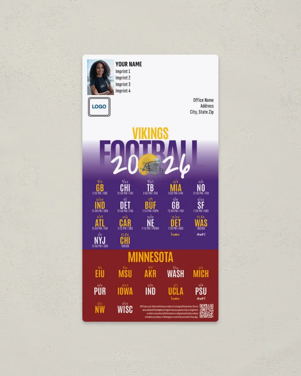 This is a 7" x 3½" Football Schedule Magnet called Vikings + Minnesota printed in full color
