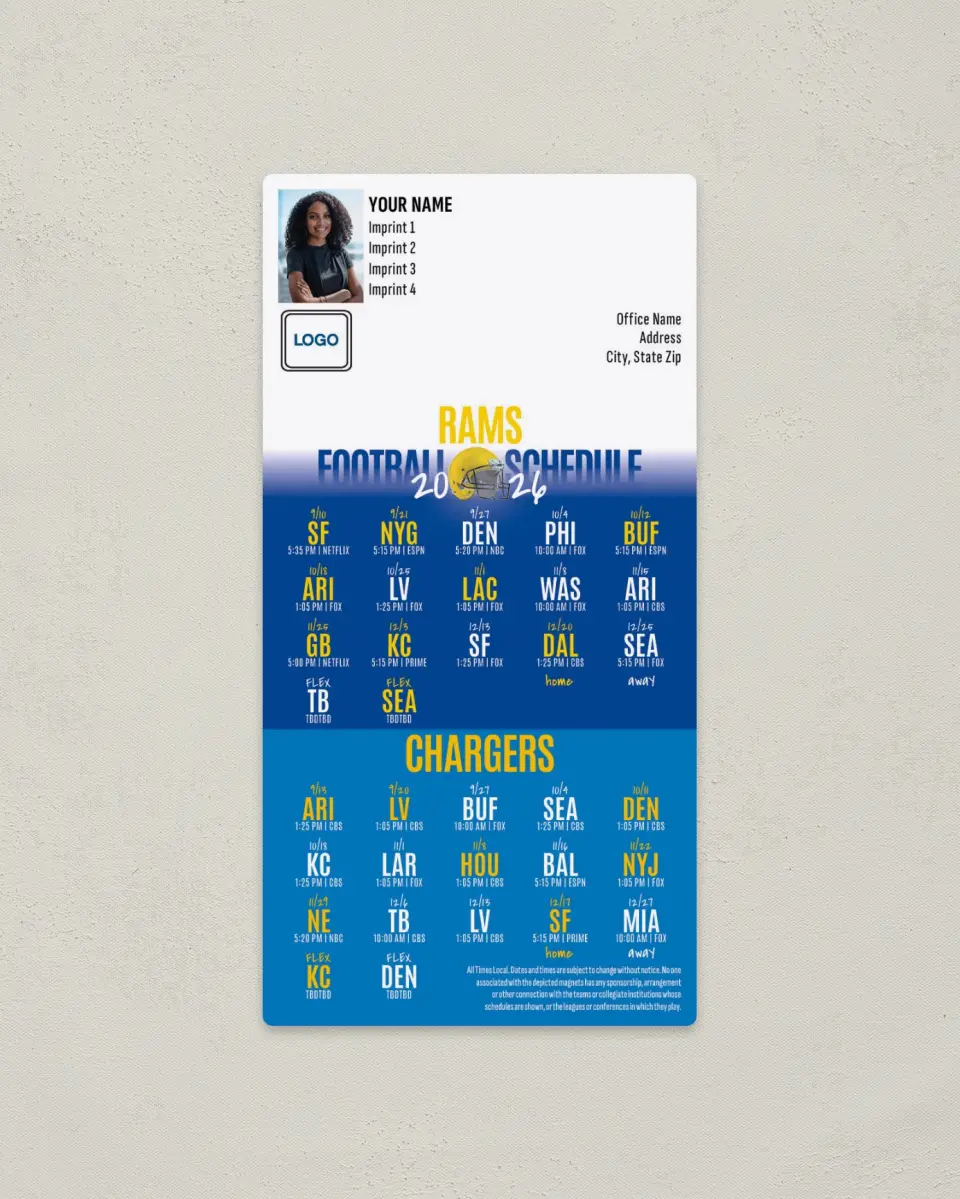 This is a 7" x 3½" Football Schedule Magnet called Los Angeles Rams + Los Angeles Chargers printed in full color