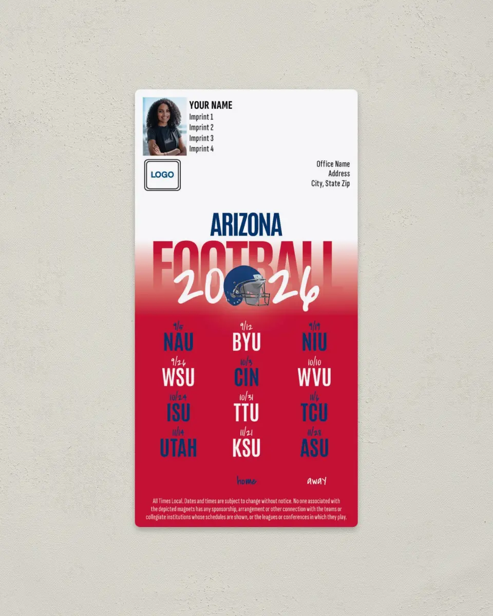 This is a 7" x 3½" Football Schedule Magnet called Arizona Wildcats printed in full color