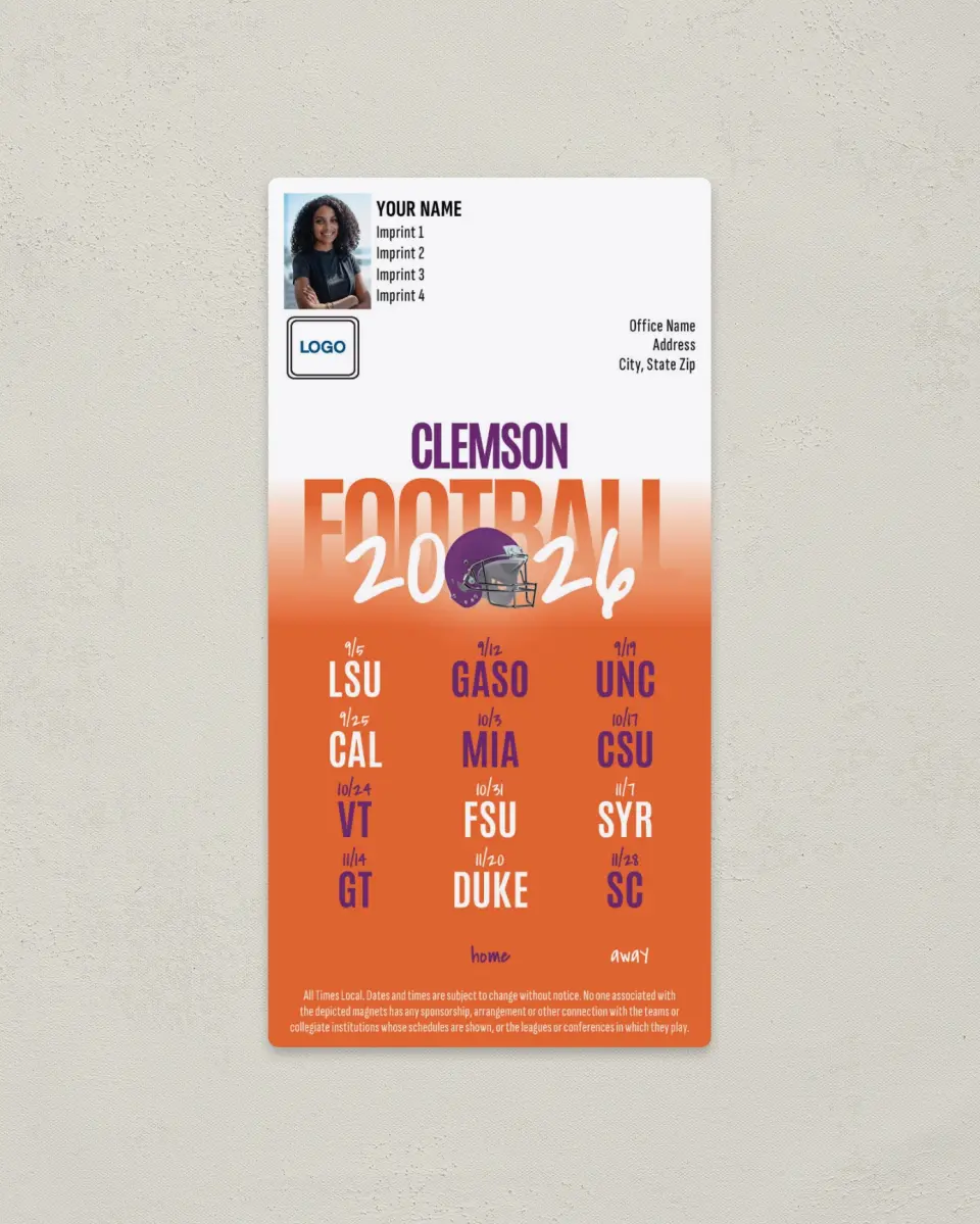 This is a 7" x 3½" Football Schedule Magnet called Clemson Tigers printed in full color
