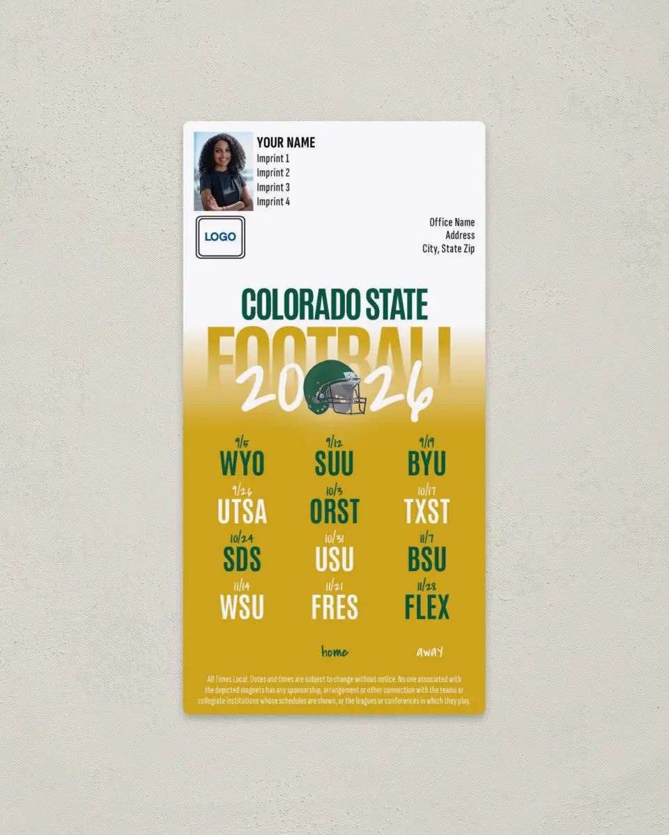 This is a 7" x 3½" Football Schedule Magnet called Colorado State Rams printed in full color