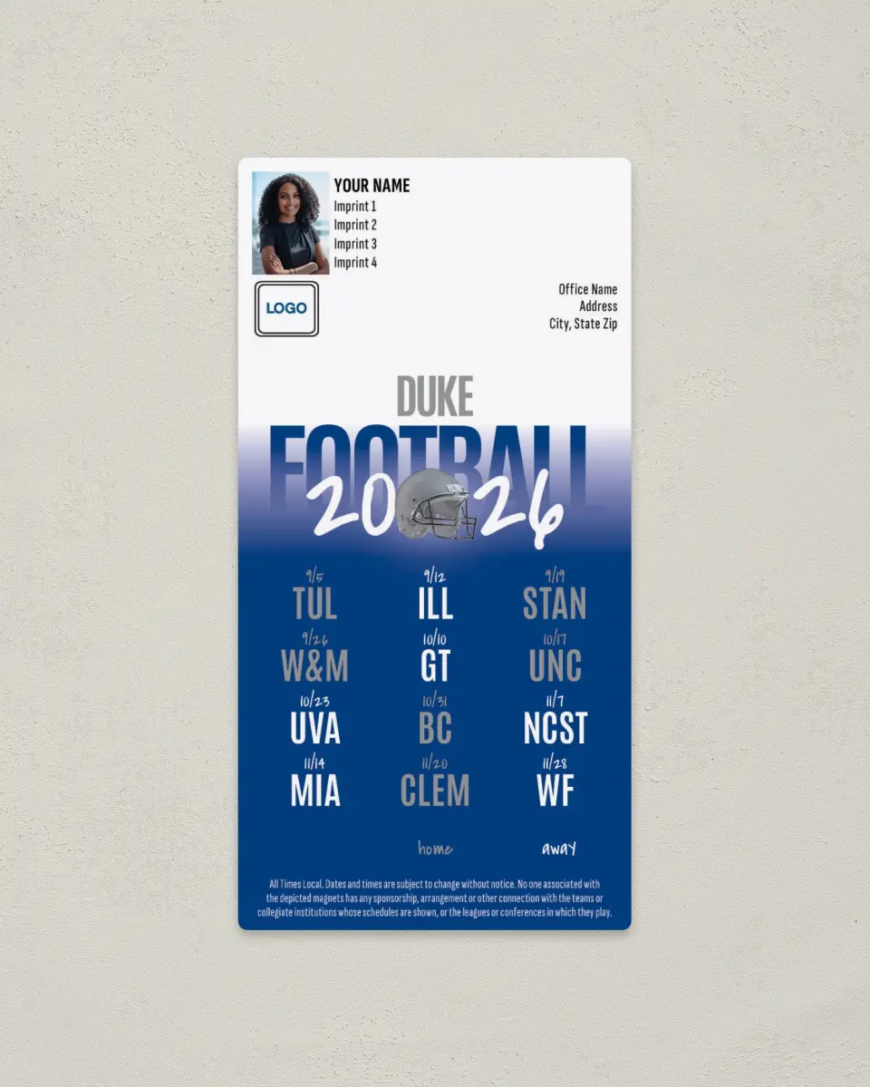 This is a 7" x 3½" Football Schedule Magnet called Duke Blue Devils printed in full color