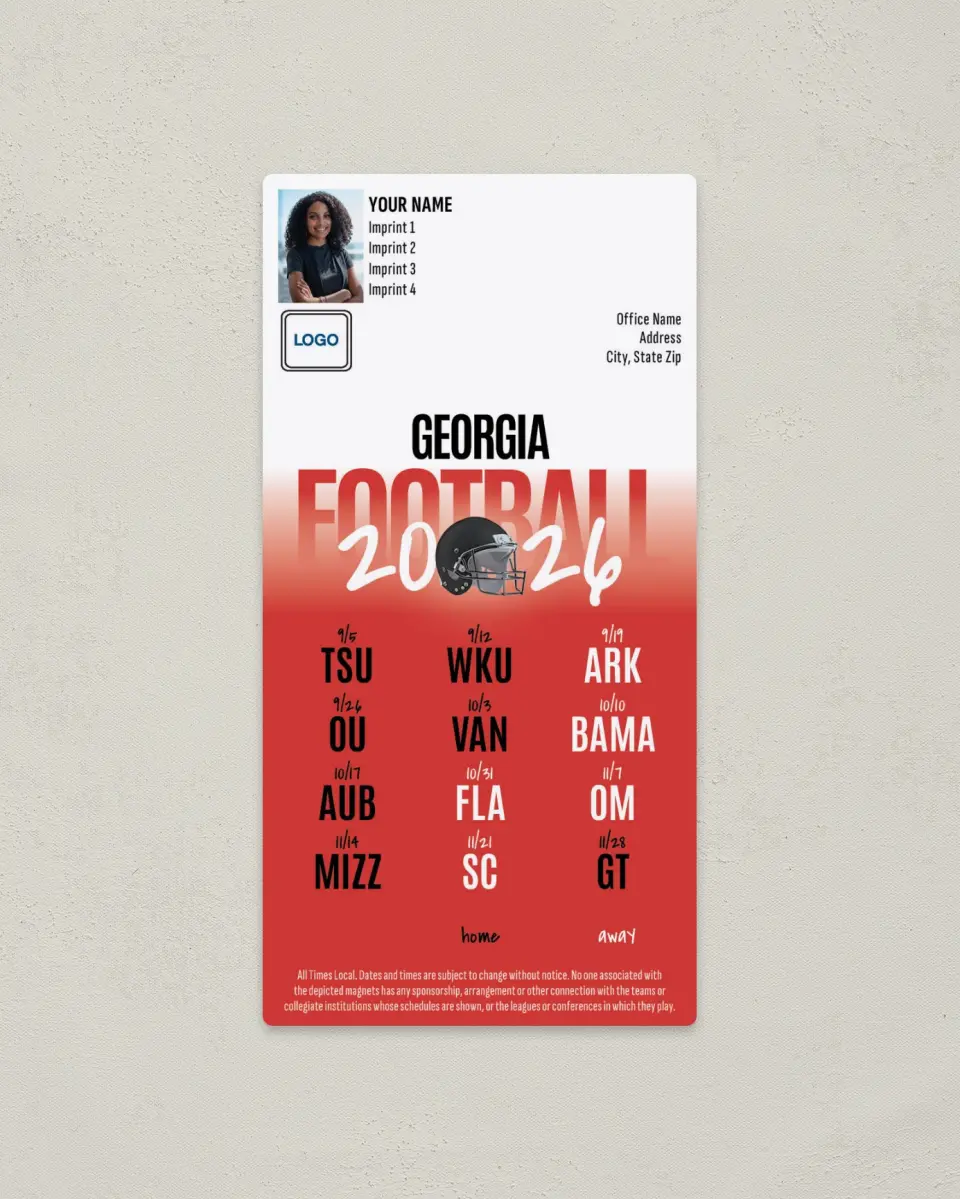 This is a 7" x 3½" Football Schedule Magnet called Georgia Bulldogs printed in full color