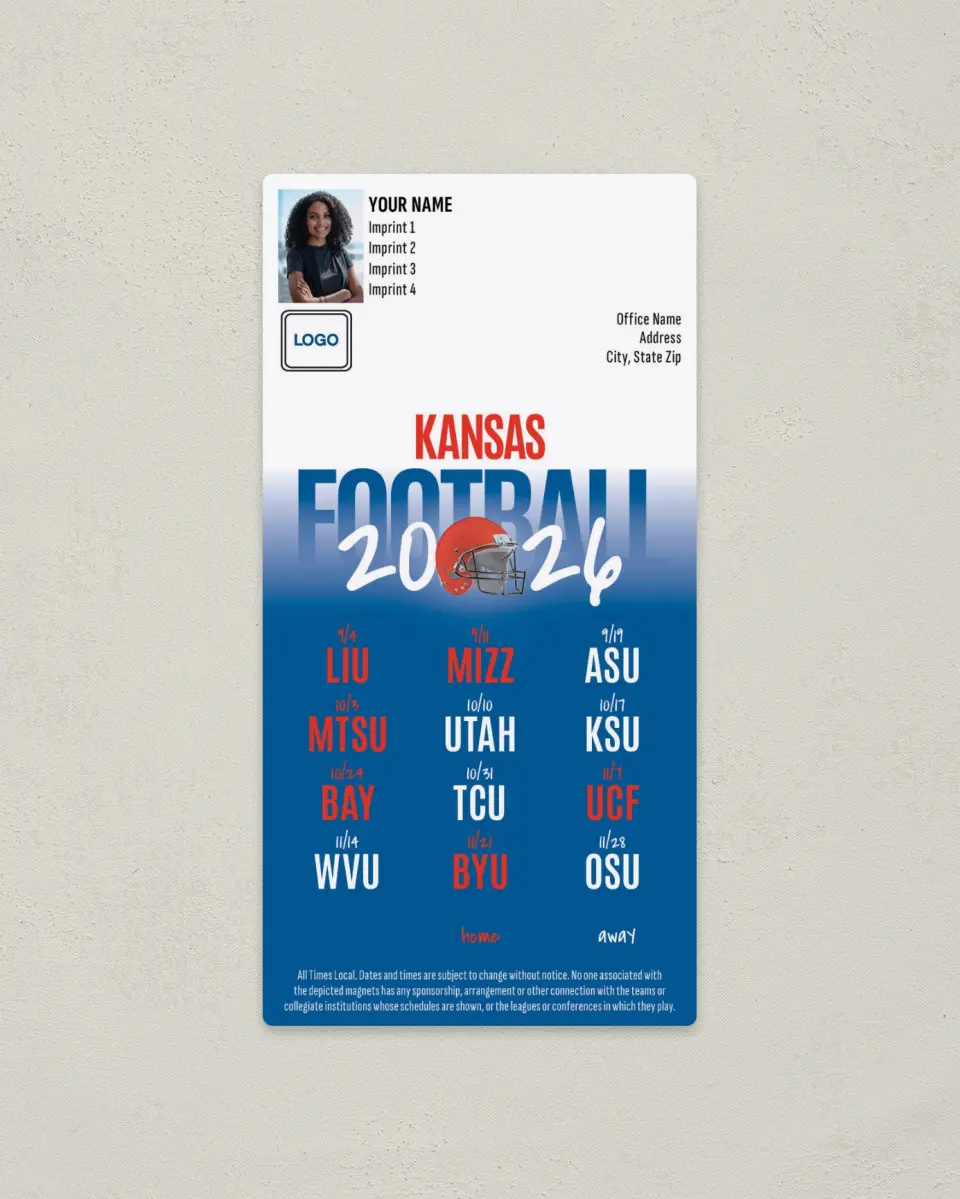 This is a 7" x 3½" Football Schedule Magnet called Kansas Jayhawks printed in full color