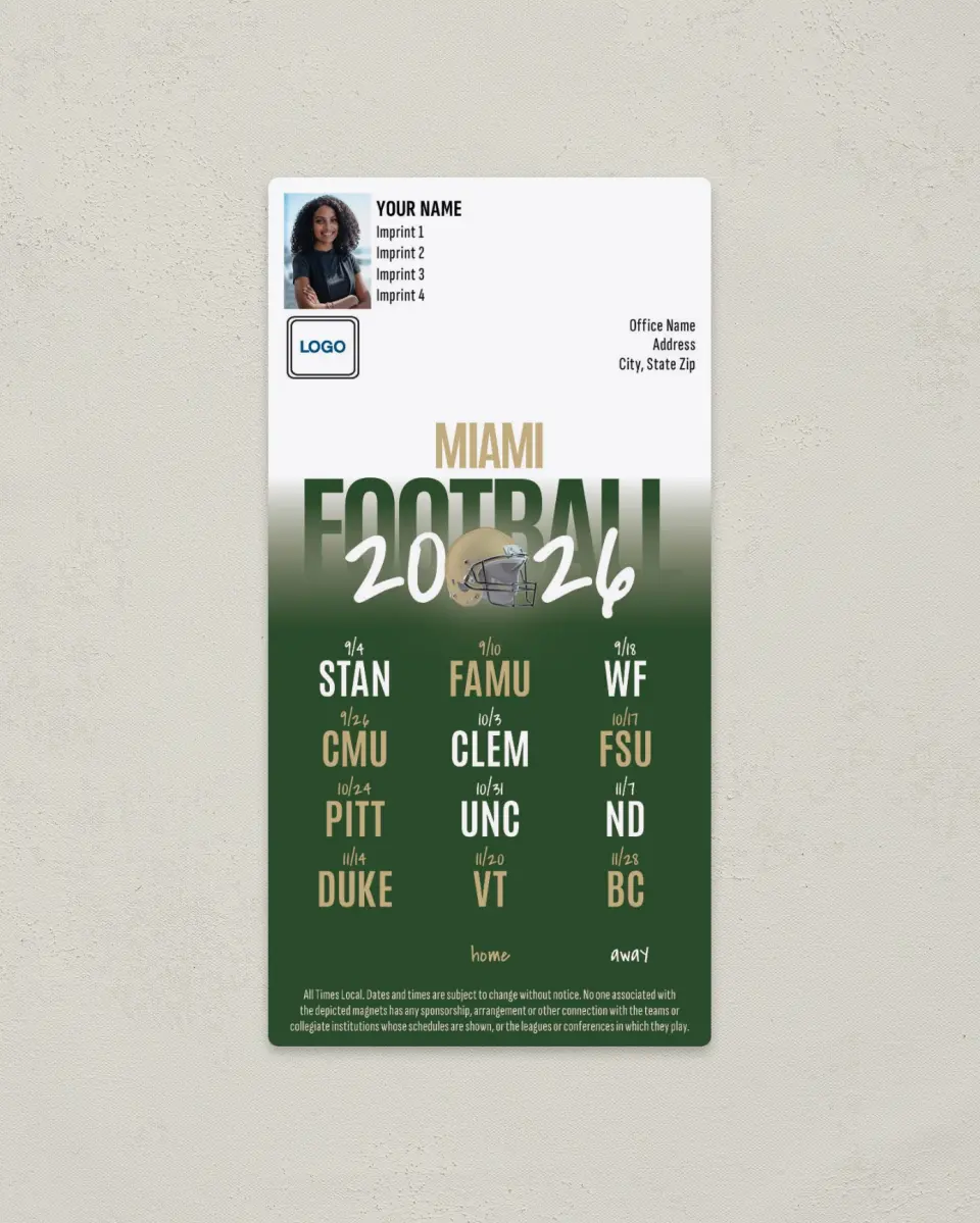 This is a 7" x 3½" Football Schedule Magnet called Miami Hurricanes printed in full color