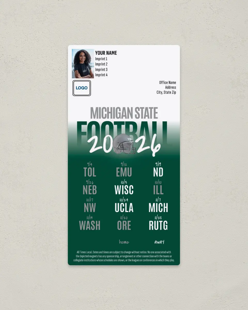 This is a 7" x 3½" Football Schedule Magnet called Michigan State Spartans printed in full color