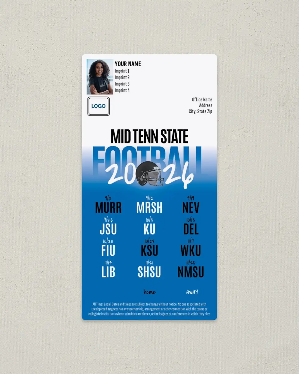This is a 7" x 3½" Football Schedule Magnet called Middle Tenn State Blue Raiders printed in full color